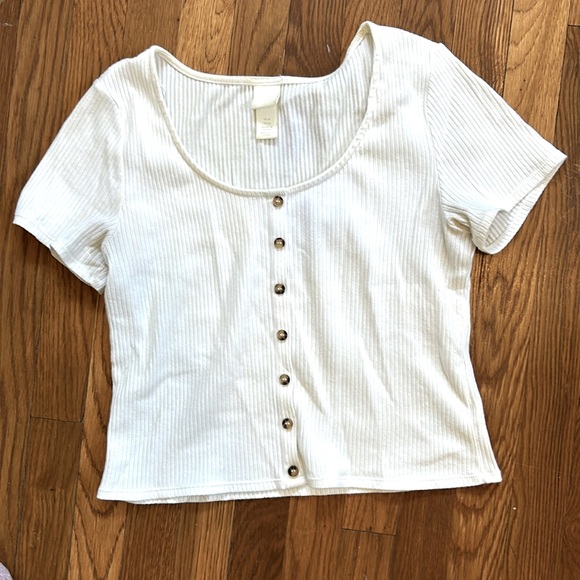 H&M White Crop Top Buttons Ribbed - Picture 1 of 4